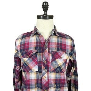 Dravus Mens Red Blue Tan Plaid Flannel Button Down Shirt Size M 100% Cotton